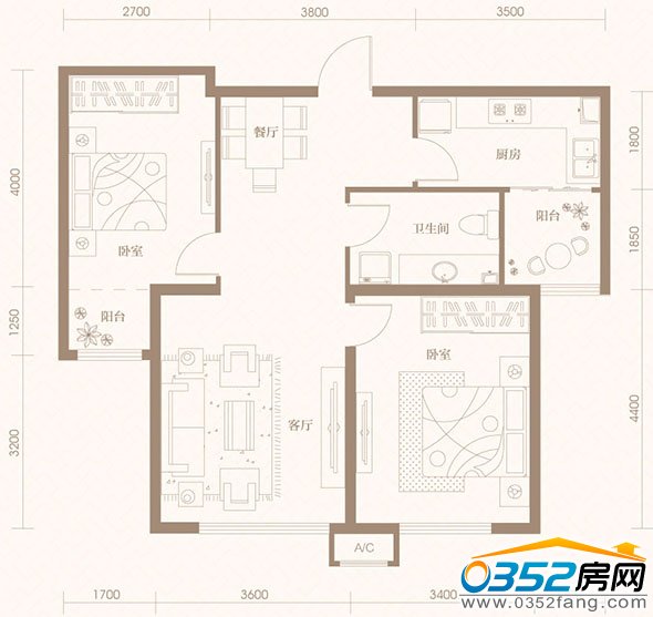 御河九號7/10號樓93平米戶型平面圖