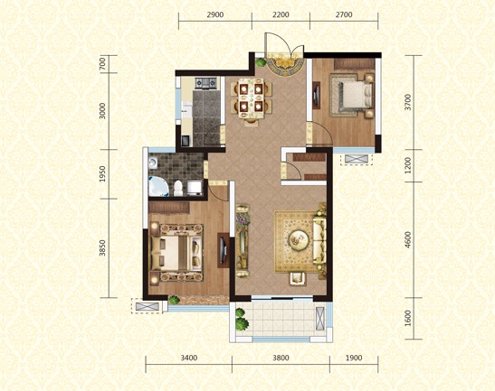 綠地世紀(jì)城92.7㎡,兩室兩廳一衛(wèi)戶型圖