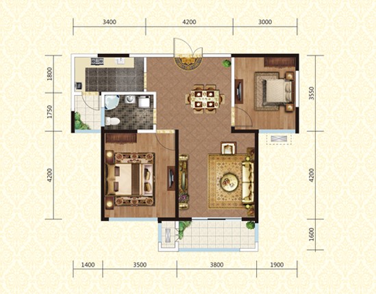 綠地世紀(jì)城98.18㎡,兩室兩廳一衛(wèi)戶型圖