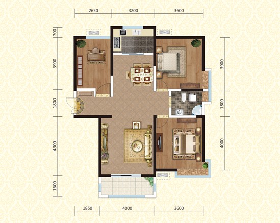 綠地世紀城123.38㎡,三室兩廳一衛戶型圖
