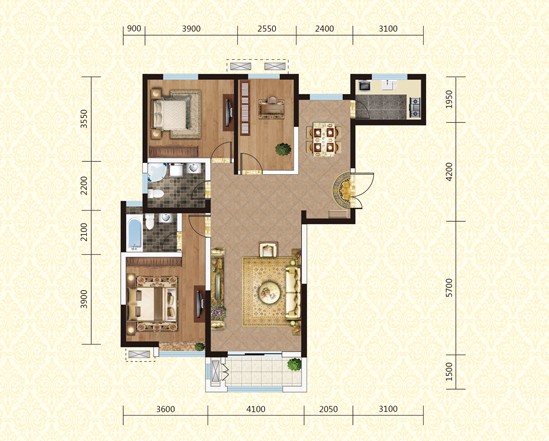 綠地世紀城133.39㎡,三室兩廳兩衛戶型圖