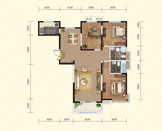 綠地世紀城138.59㎡,三室兩廳兩衛戶型圖